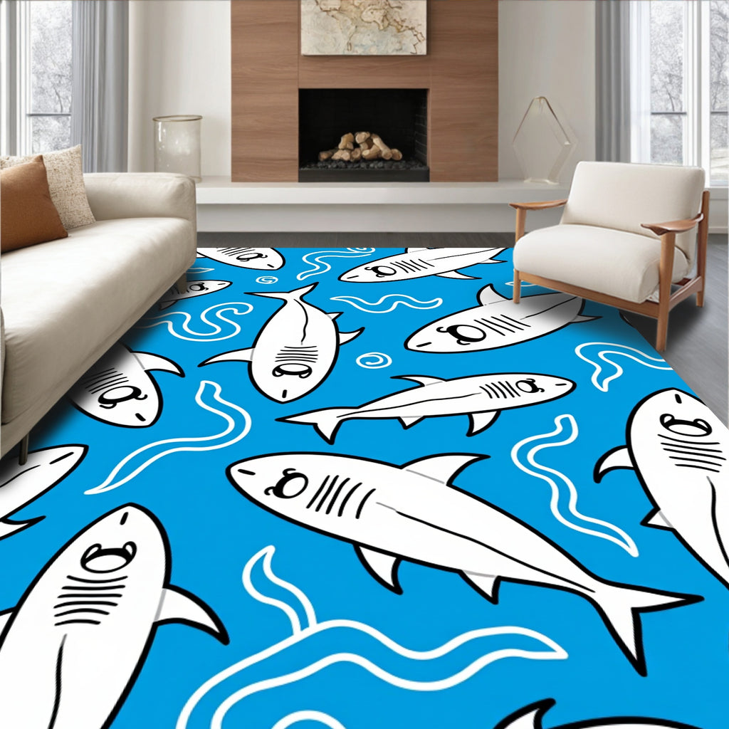 White Sharks Blue Oceanic Waves Rug
