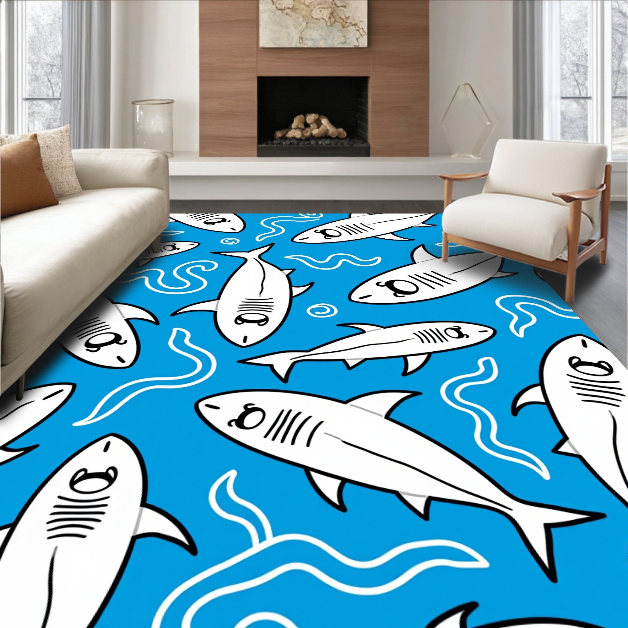 White Sharks Blue Oceanic Waves Rug