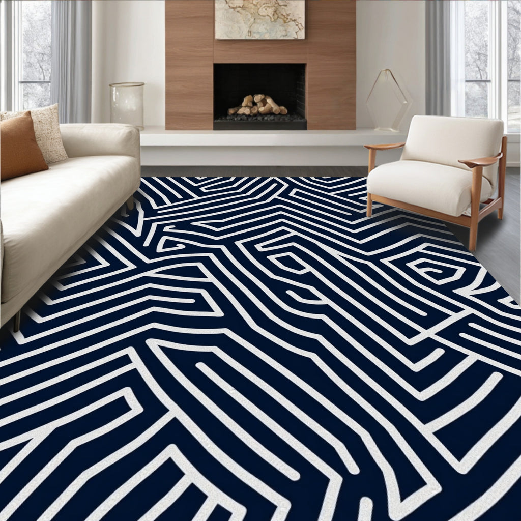 Navy White Abstract Maze Line Rug