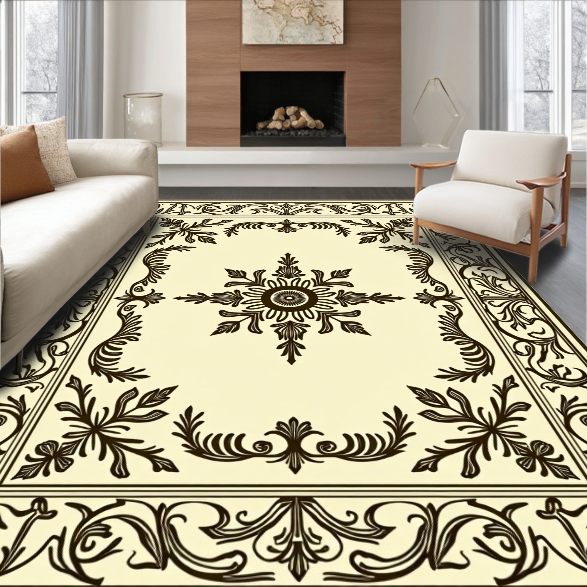 Elegant Dark Brown Floral Frame Rug