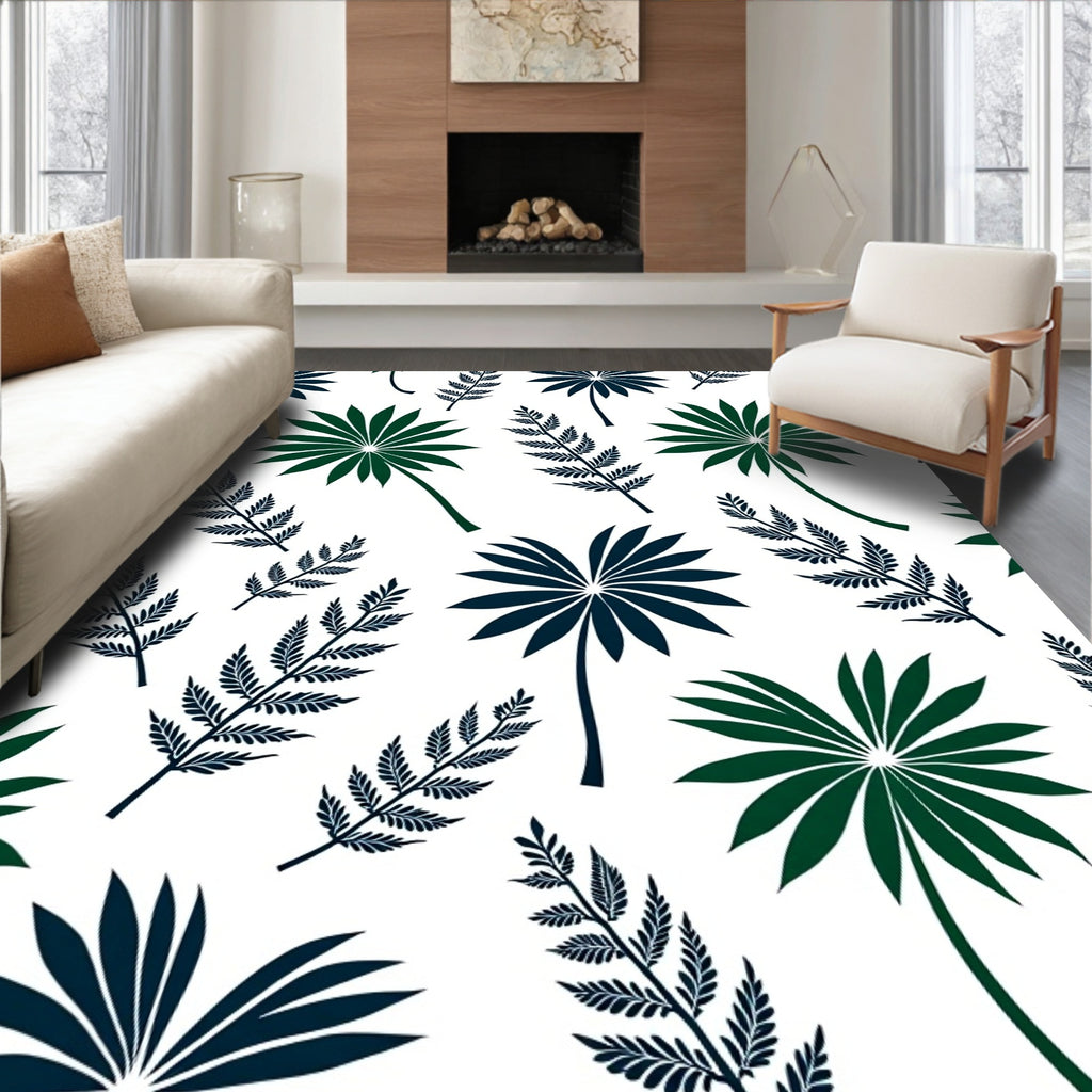 Tropical Palm Fern Foliage Navy Green Rug