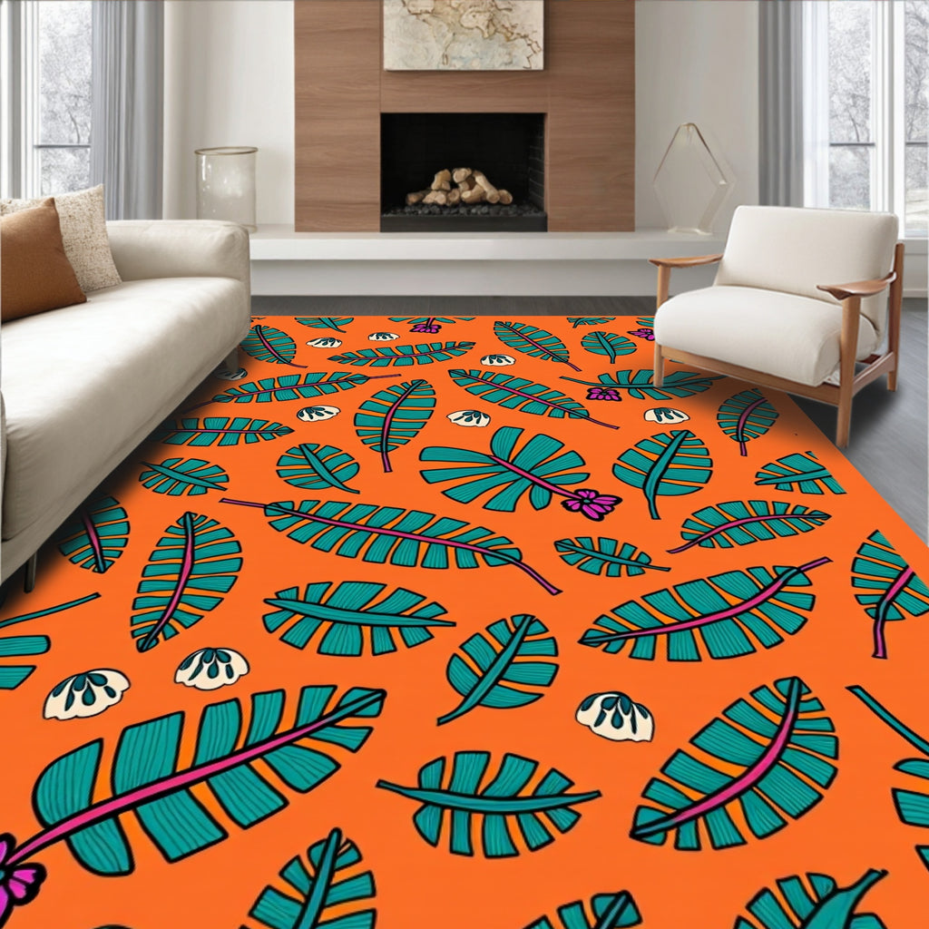 Tropical Leaf Print Orange Rug