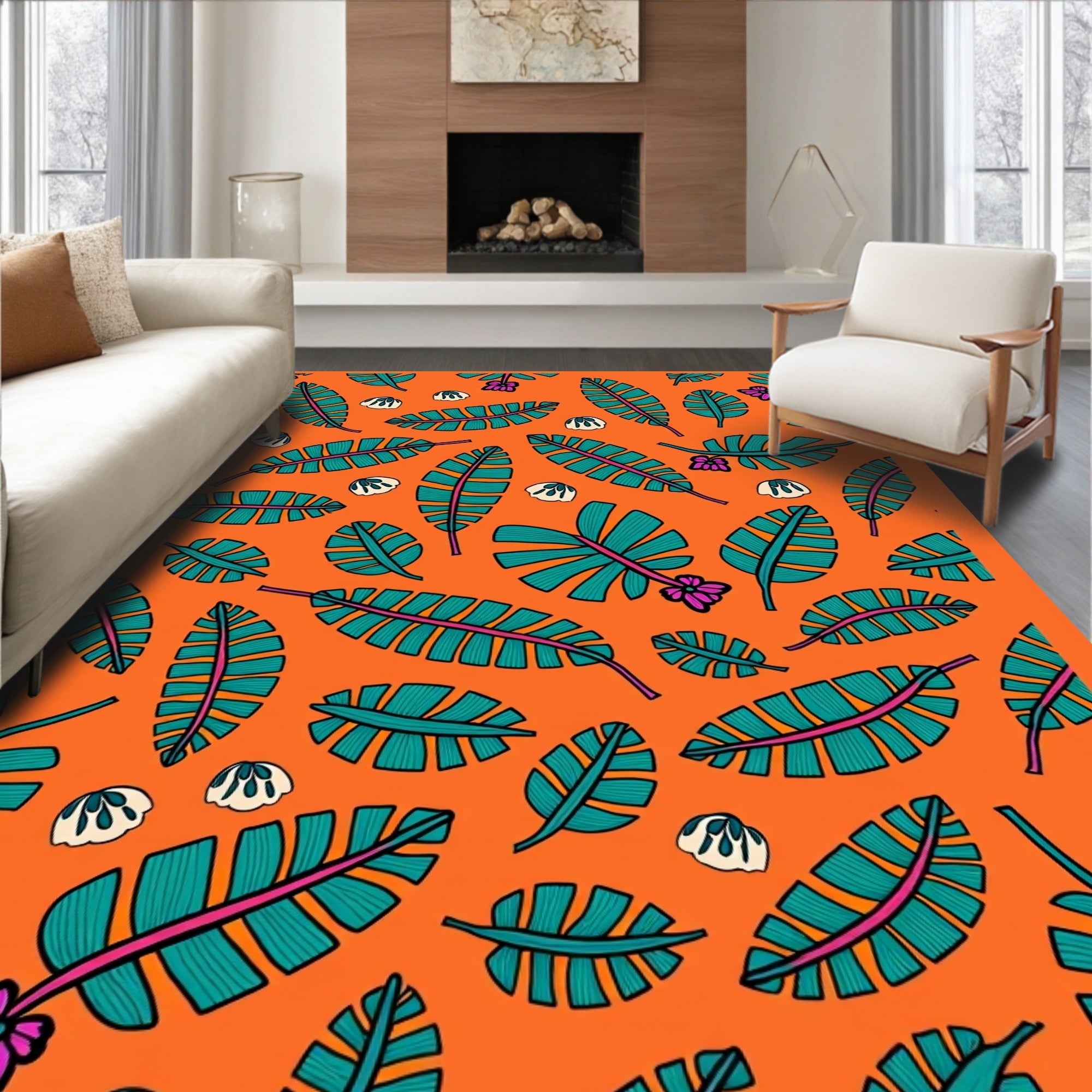 Tropical Leaf Print Orange Rug