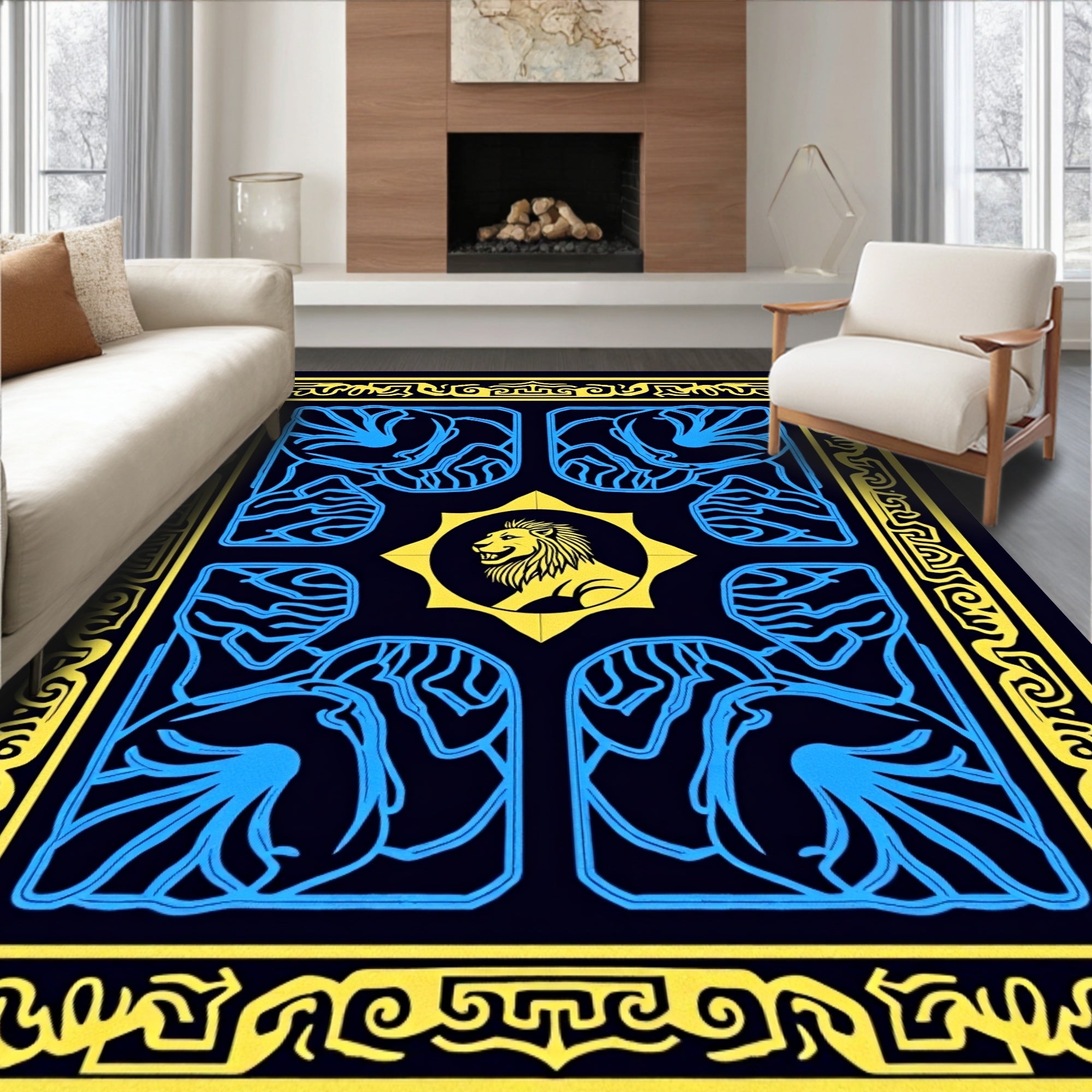Royal Lion Yellow Blue Frame Rug