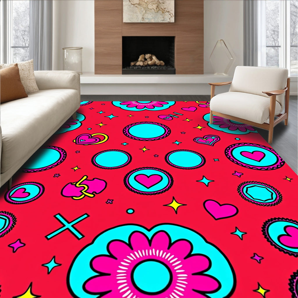 Red Hot Pink Turquoise Floral Heart Medallion Rug
