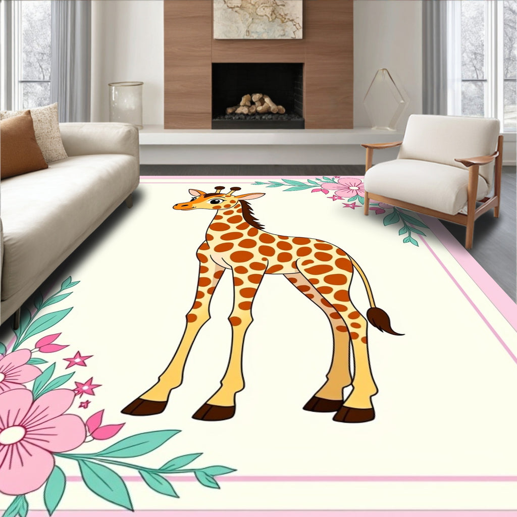 Cute Giraffe with Pink Floral Garland Rug