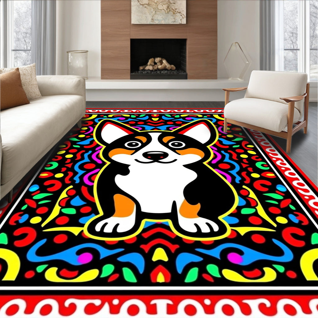 Vibrant Corgi Black Geometric Border Rug