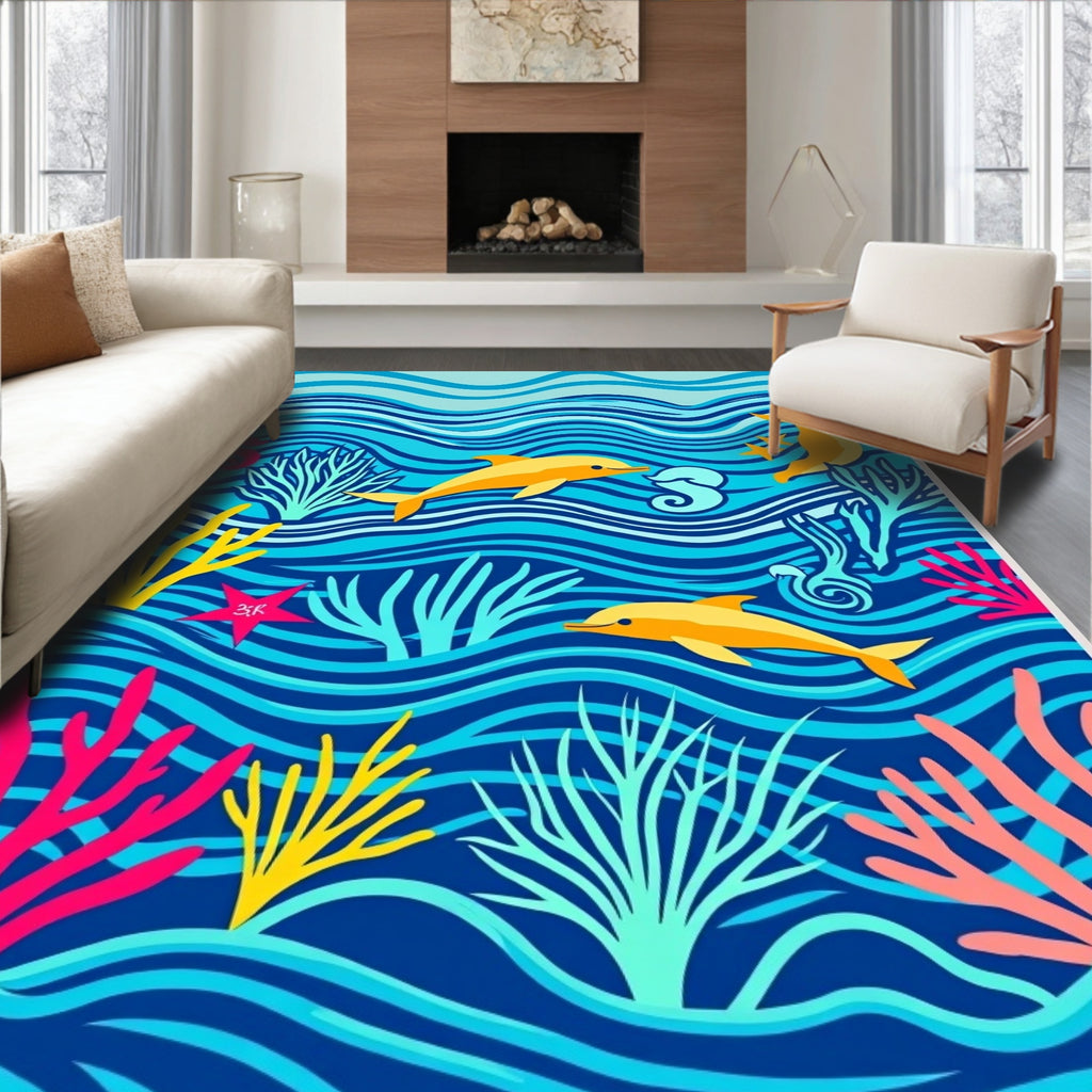 Playful Yellow Dolphins Coral Waves Rug