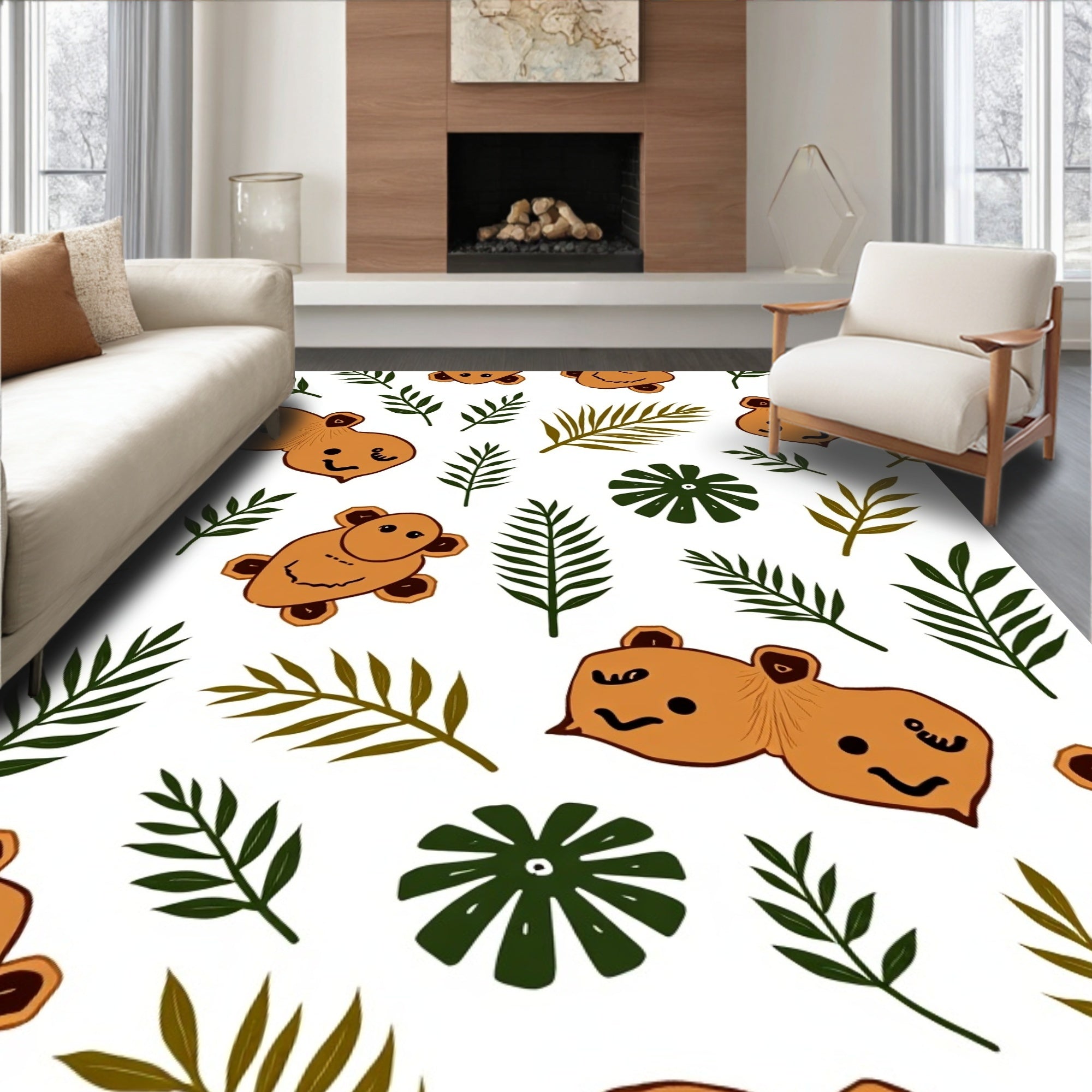 Charming Brown Bear Jungle Leaves Rug