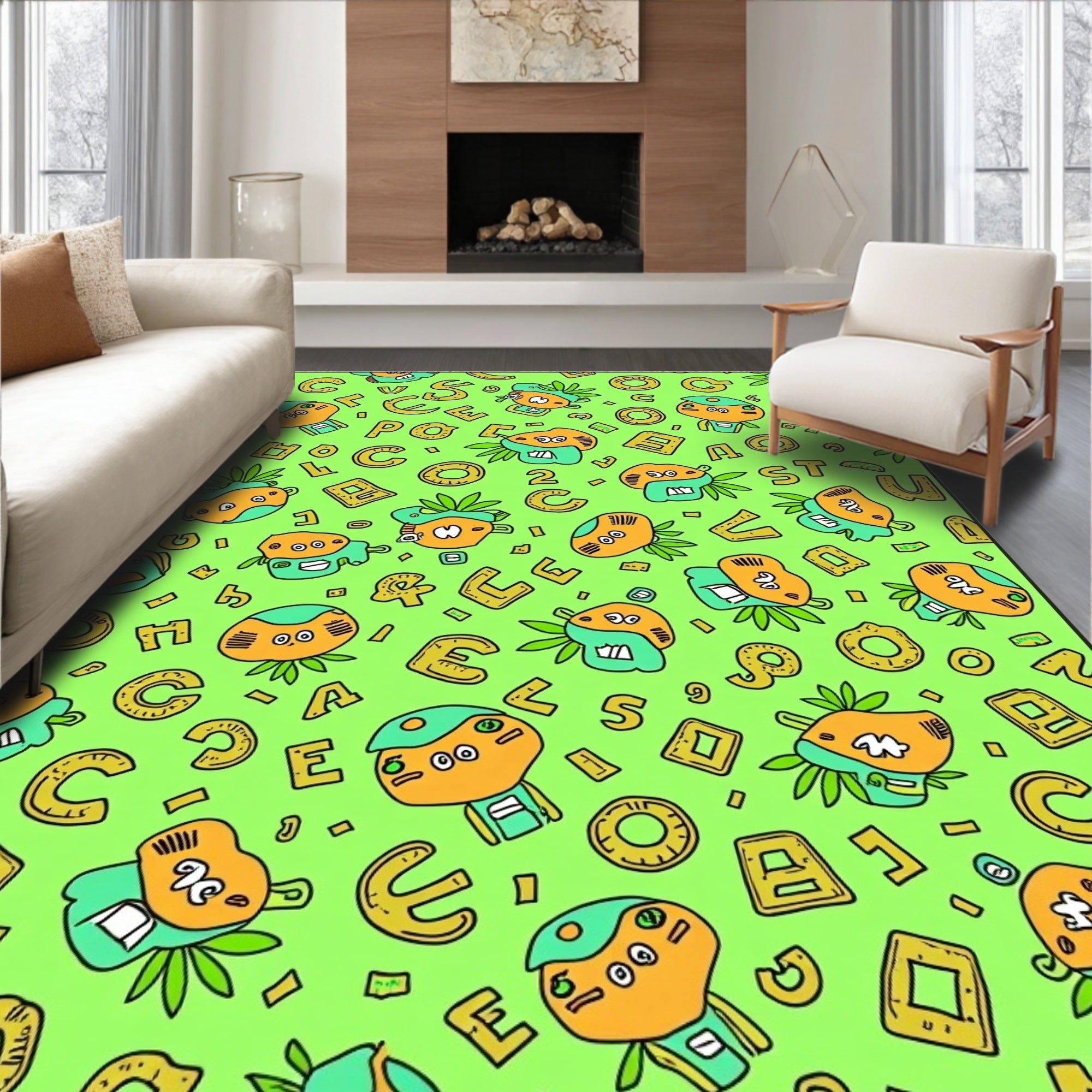 Whimsical Green Alphabet Characters Rug
