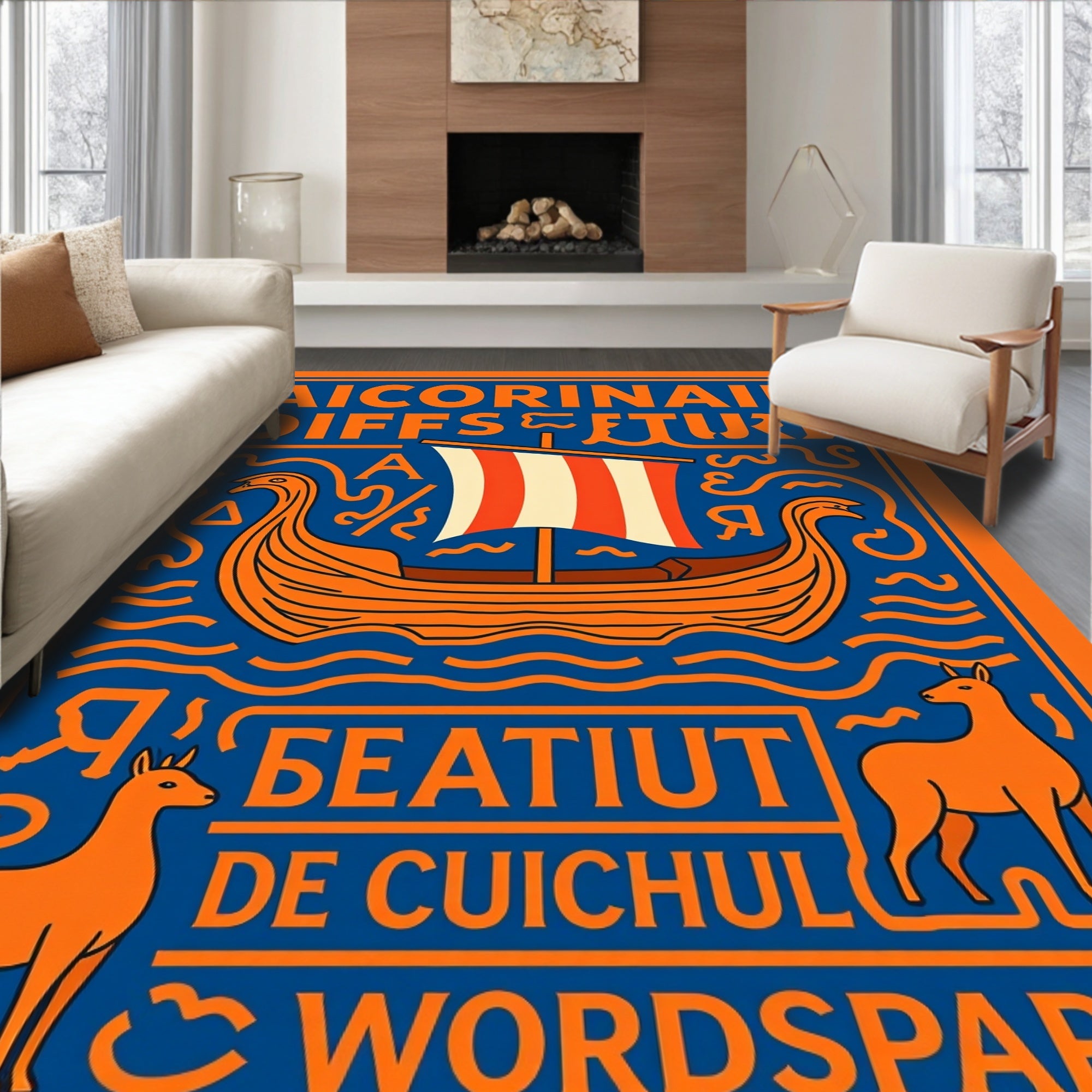 Orange Viking Ship Blue Naval Rug