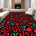 Coral Swirl Floral Botanical Black Rug