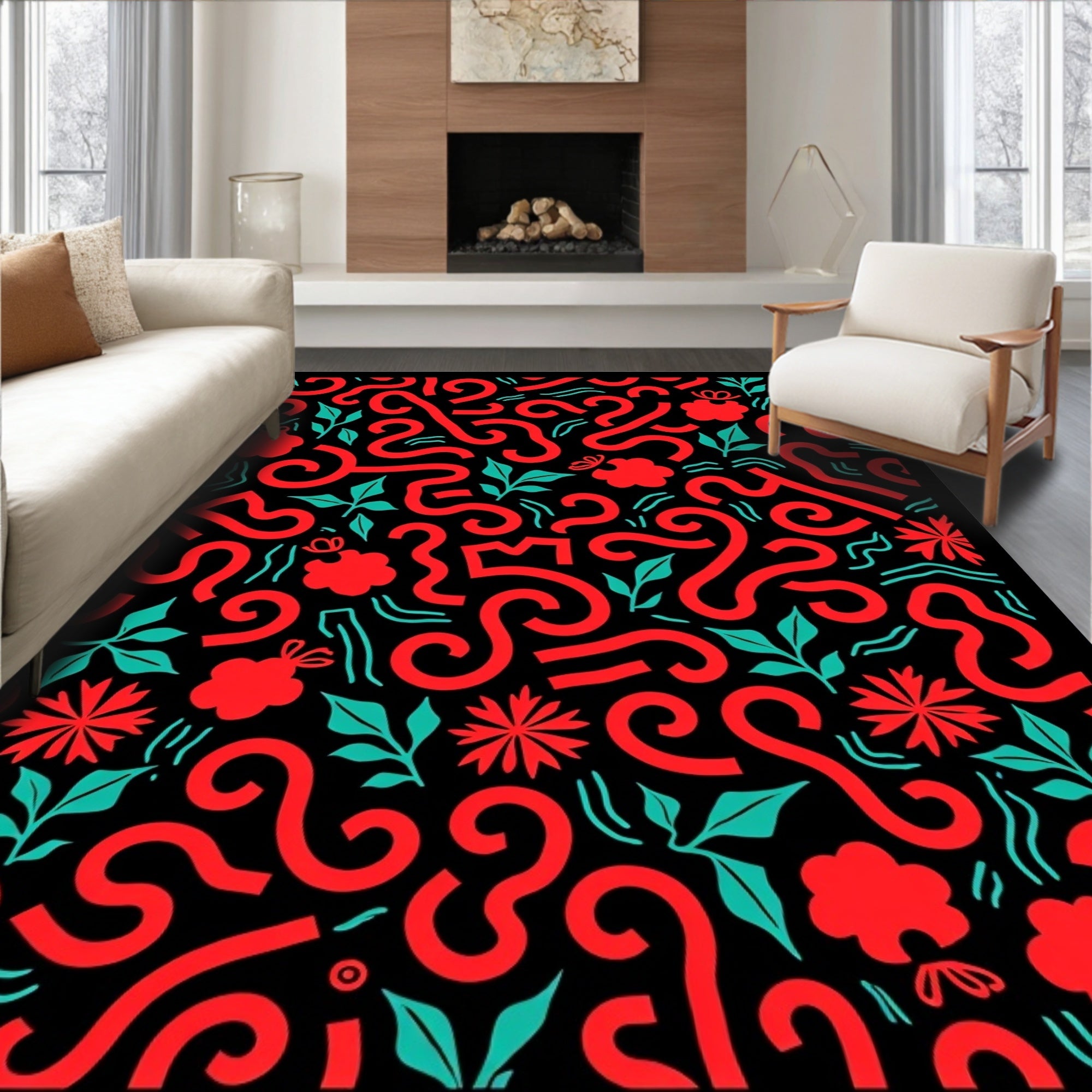 Coral Swirl Floral Botanical Black Rug
