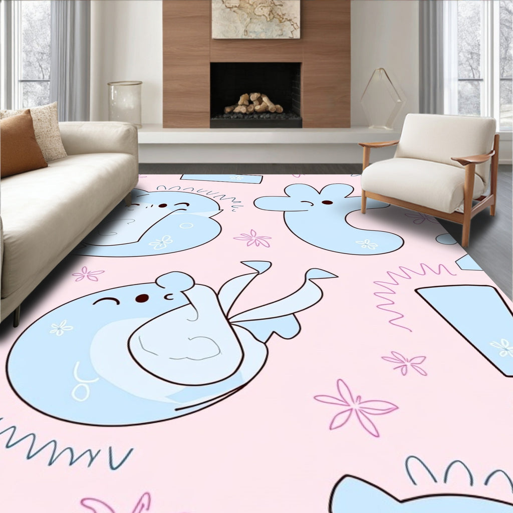 Pastel Blue Cartoon Creatures Pink Floral Rug