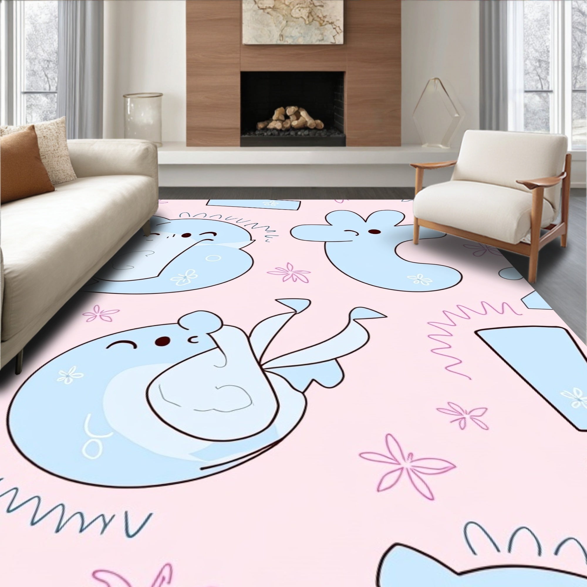 Pastel Blue Cartoon Creatures Pink Floral Rug