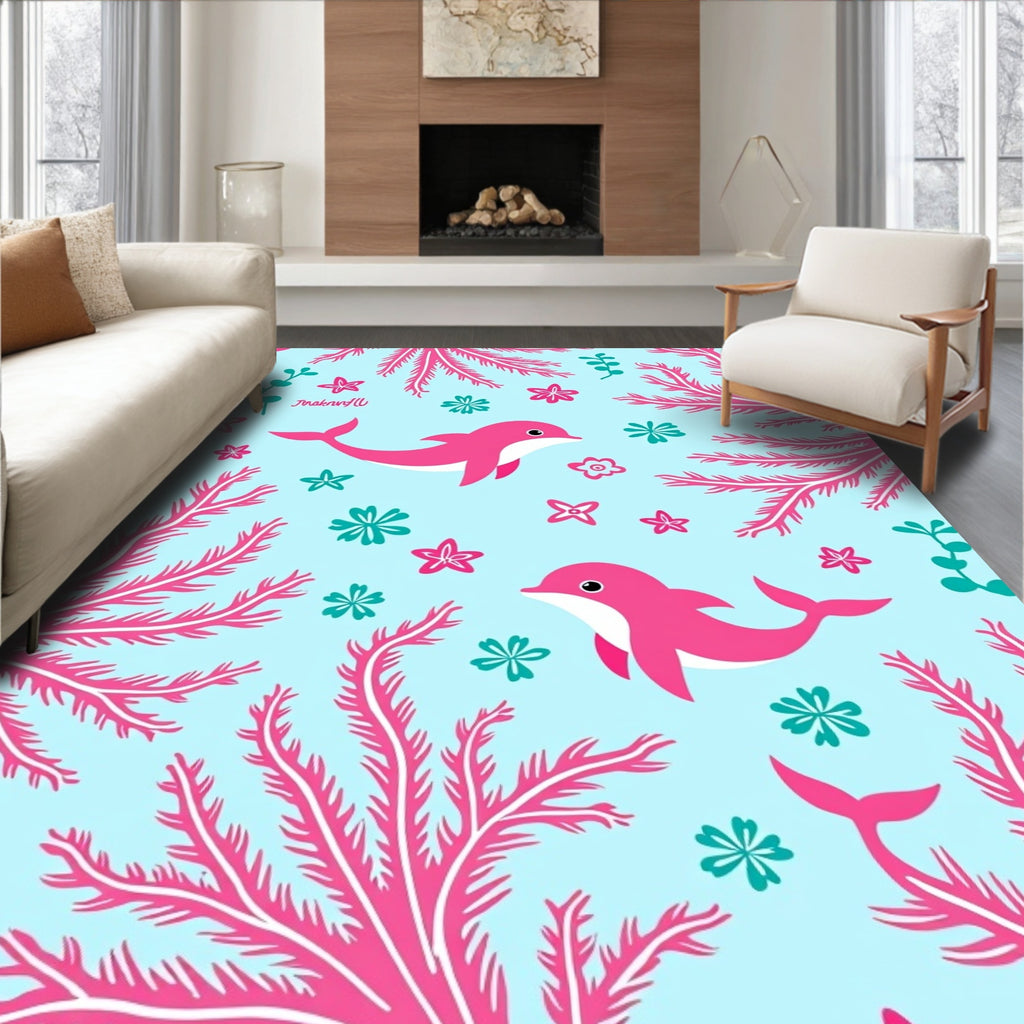 Pink Dolphins Coral Sea Life Whimsical Rug
