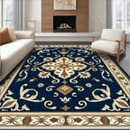 Deep Blue Ivory Floral Medallion Rug