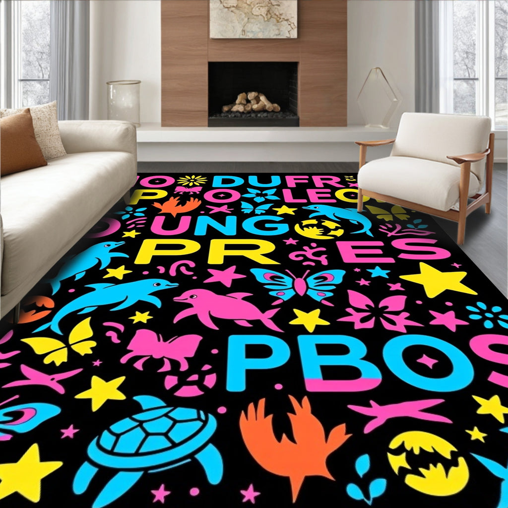 Vibrant Pink Blue Yellow Aquatic Animals Rug