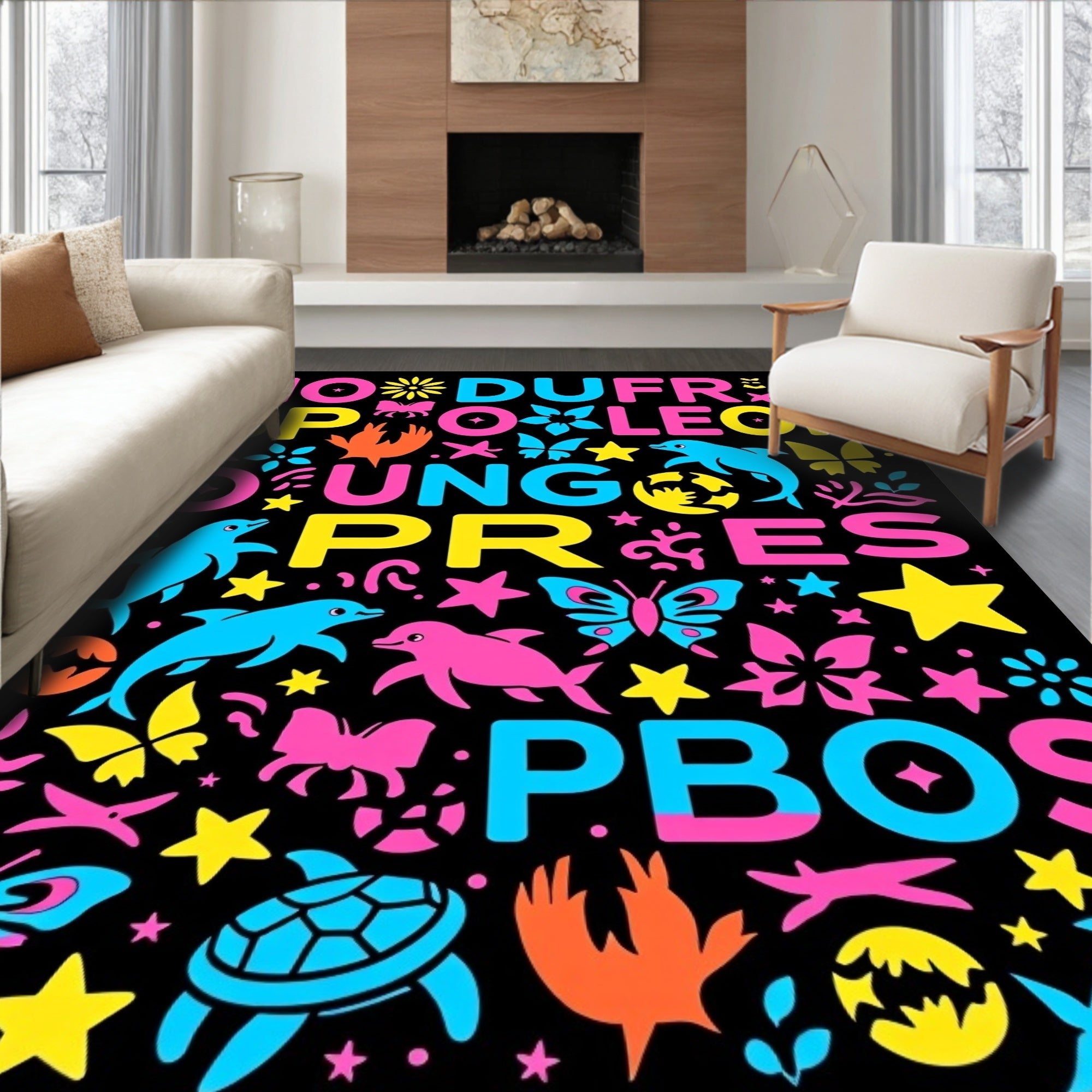 Vibrant Pink Blue Yellow Aquatic Animals Rug