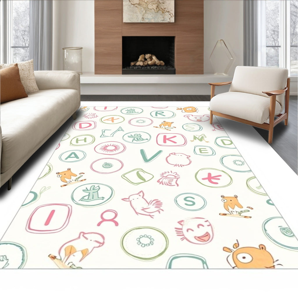 Whimsical Alphabet Creatures Scattered Background Rug