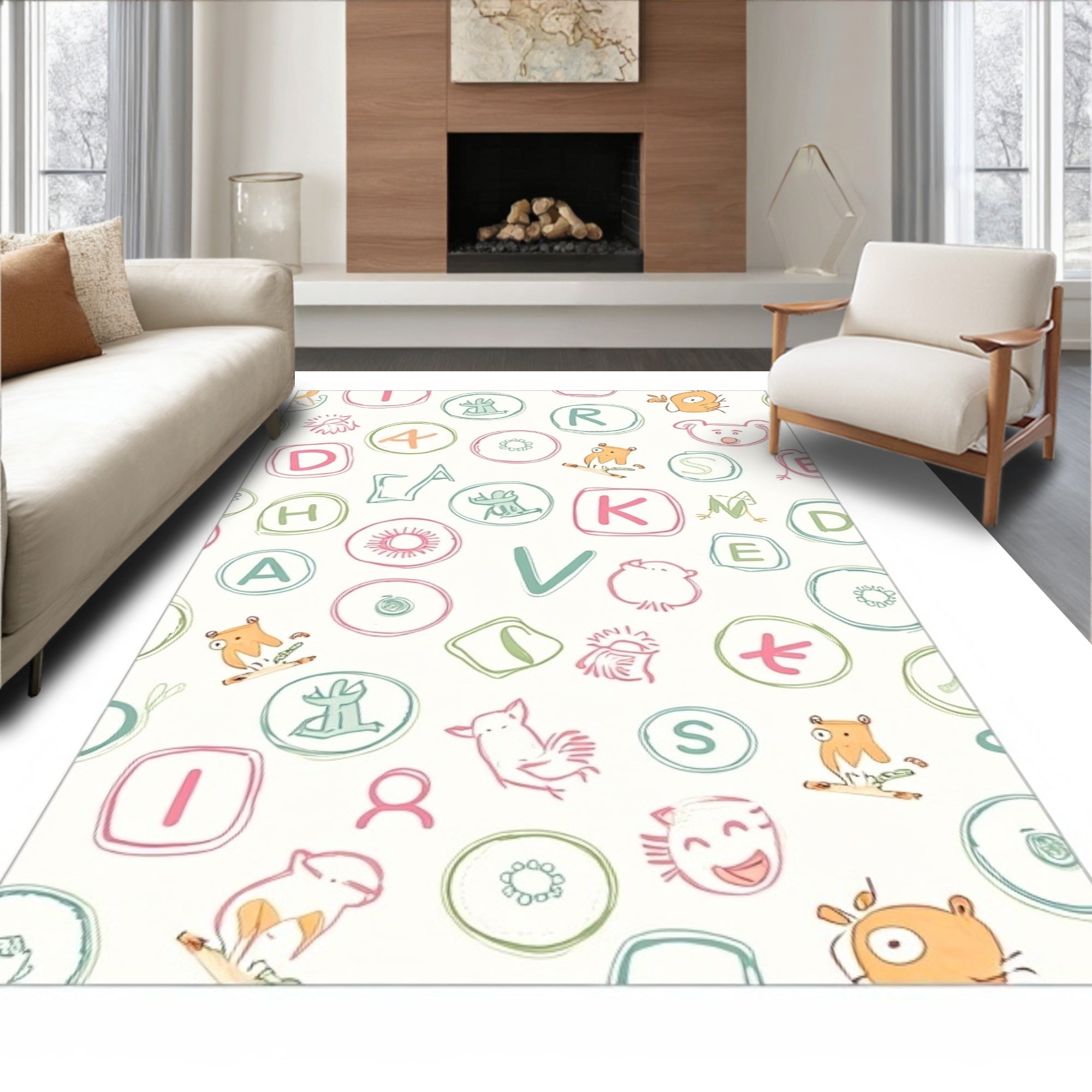 Whimsical Alphabet Creatures Scattered Background Rug