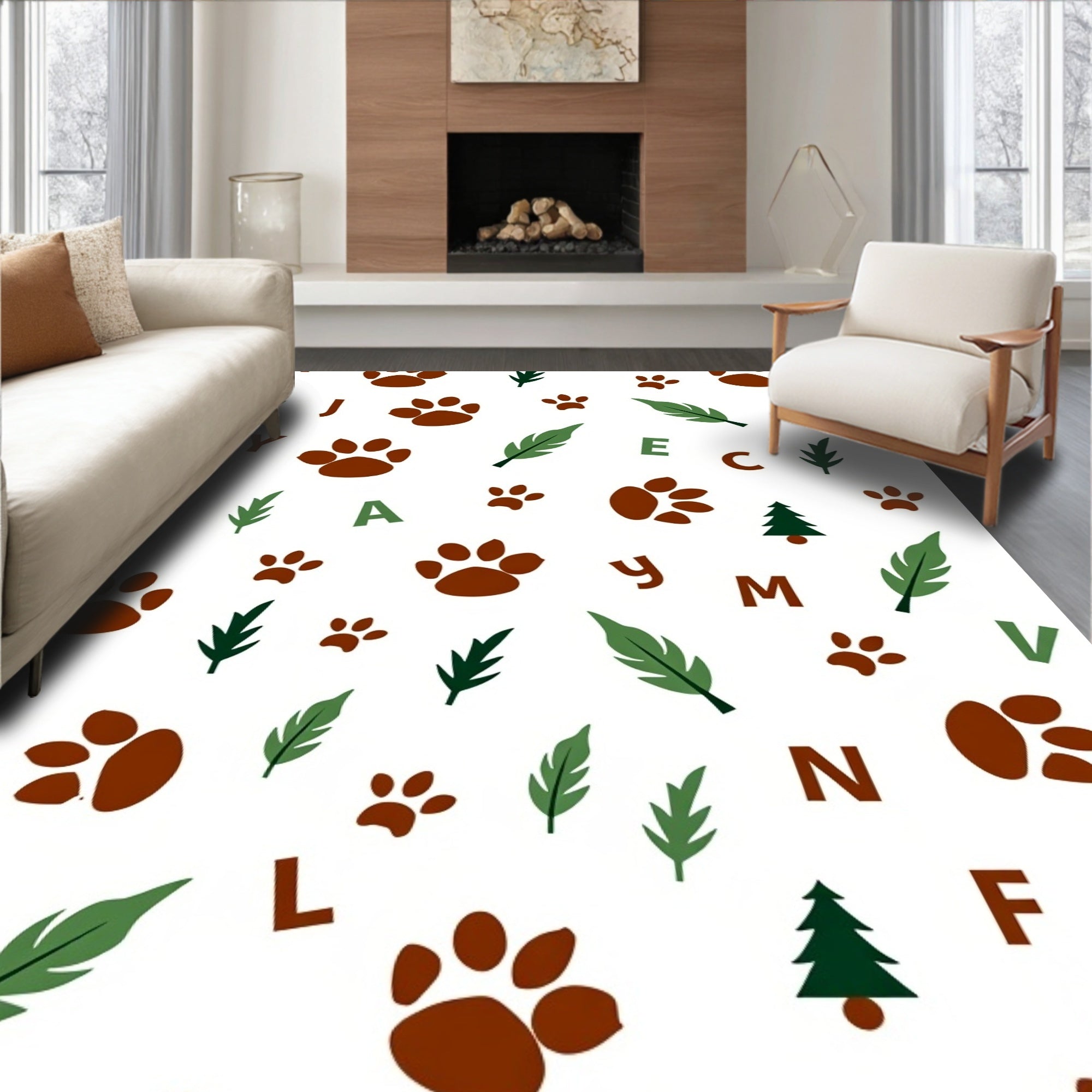 Woodland Paw Print And Leaf Whimsy Rug