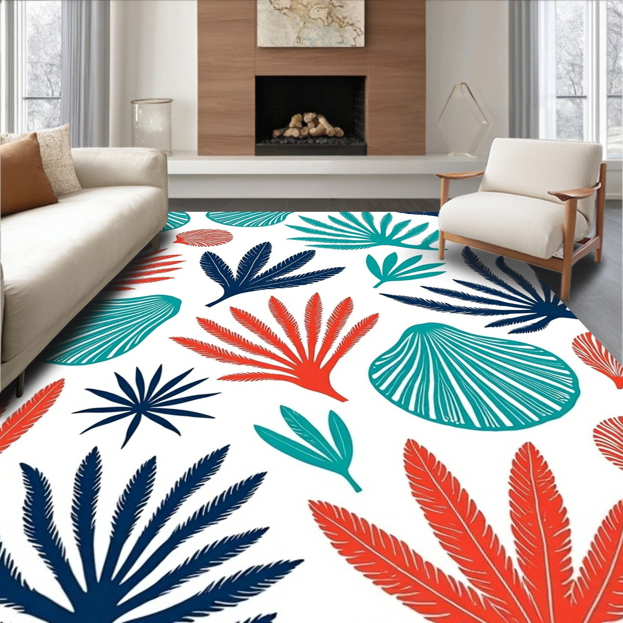 Coral Teal Navy Fan Shell Rug