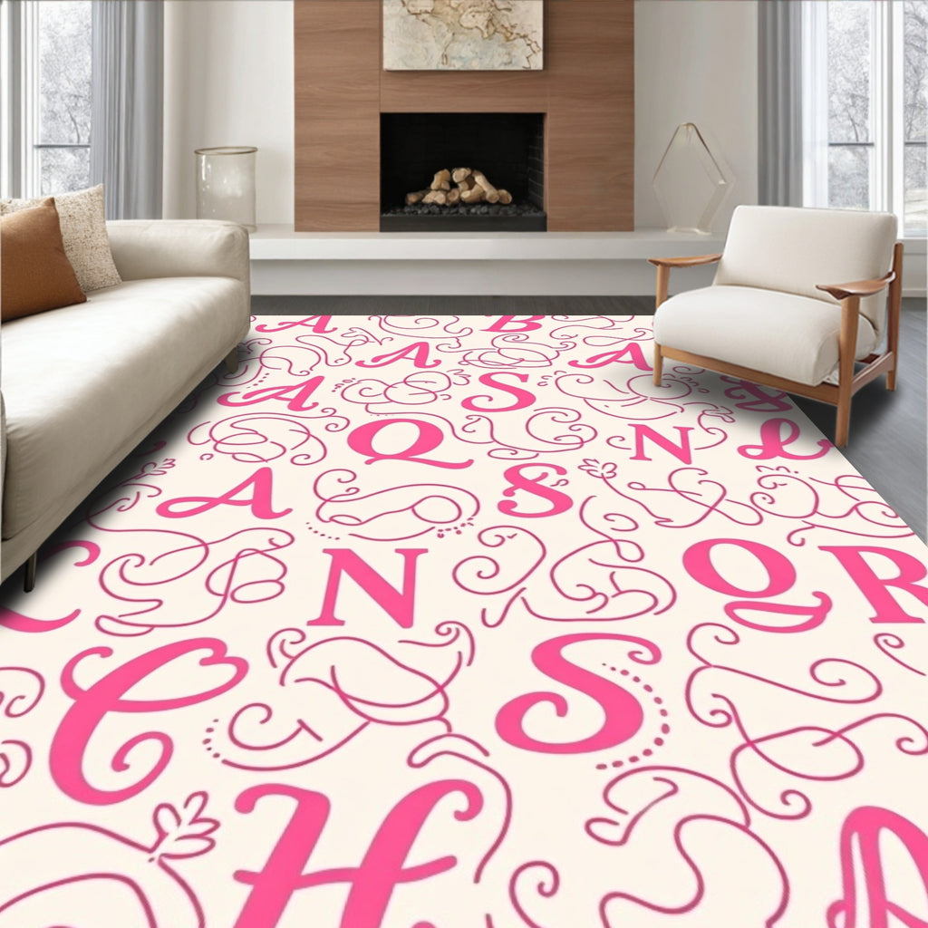 Pink Script Alphabet Swirls Rug