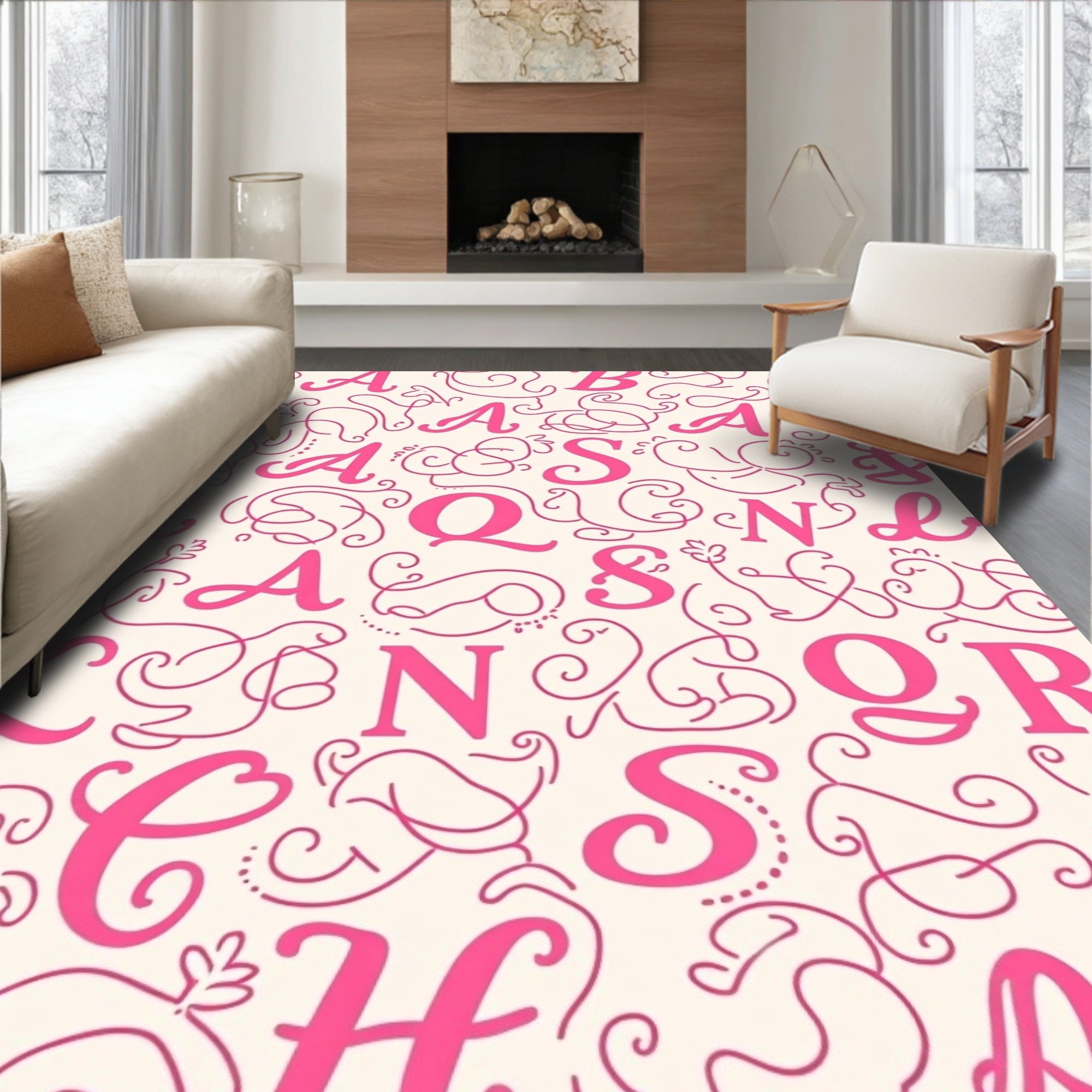 Pink Script Alphabet Swirls Rug