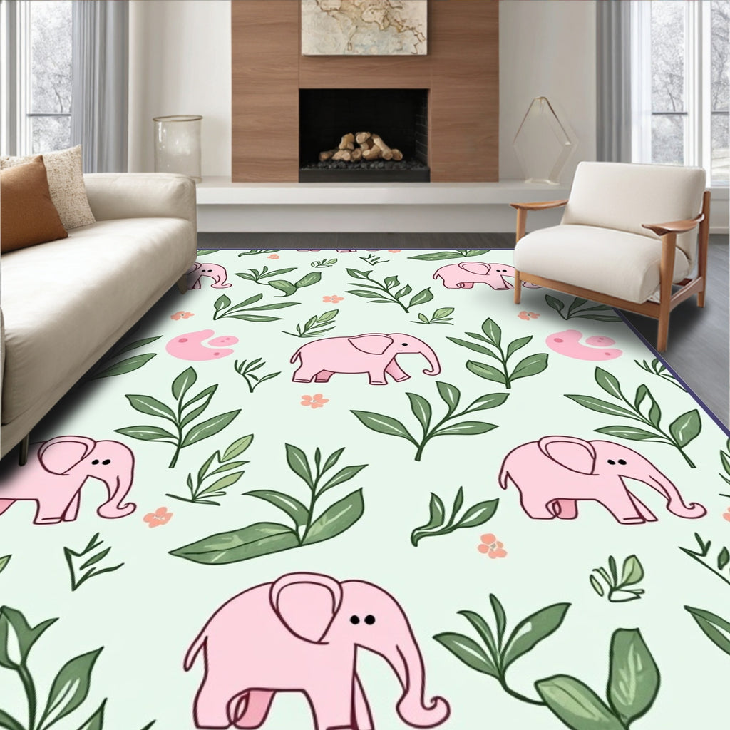 Whimsical Pink Elephant Floral Jungle Rug