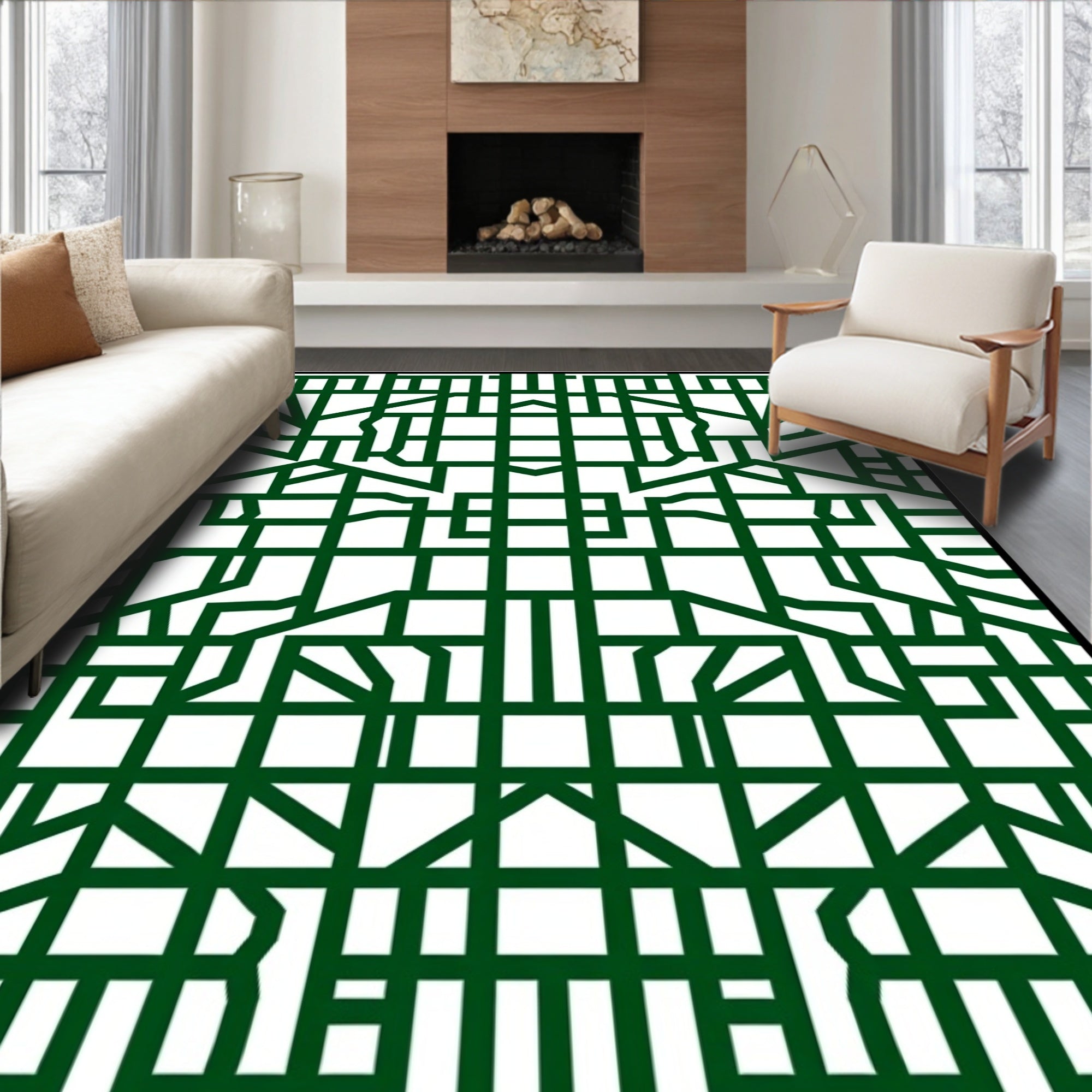 Emerald Green Geometric Interlocking Lines Rug