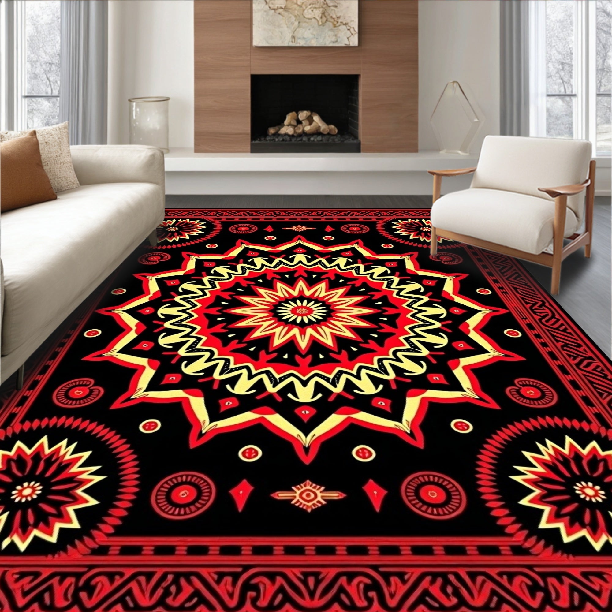 Crimson Yellow Sunburst Mandala Rug