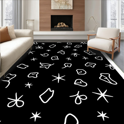 Abstract Black White Scattered Shapes Rug