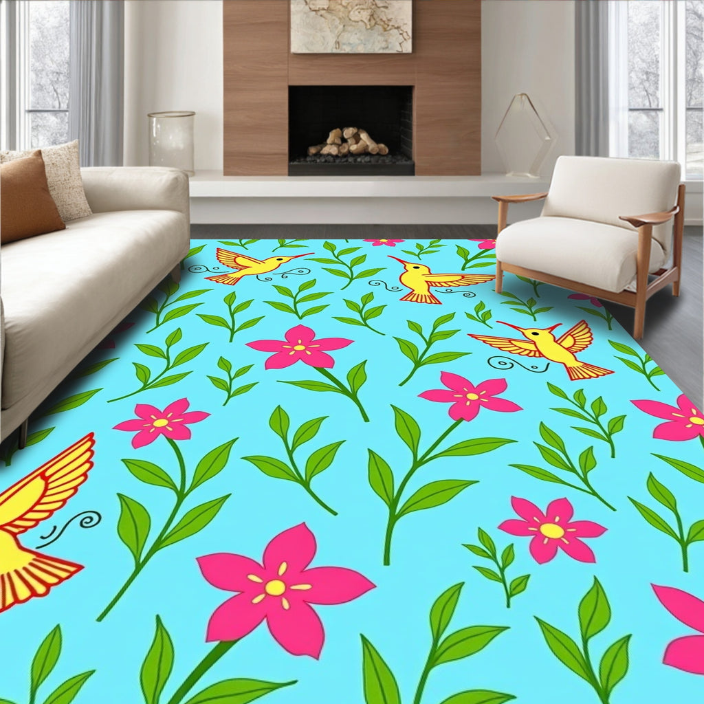 Yellow Hummingbird Pink Flower Garden Rug