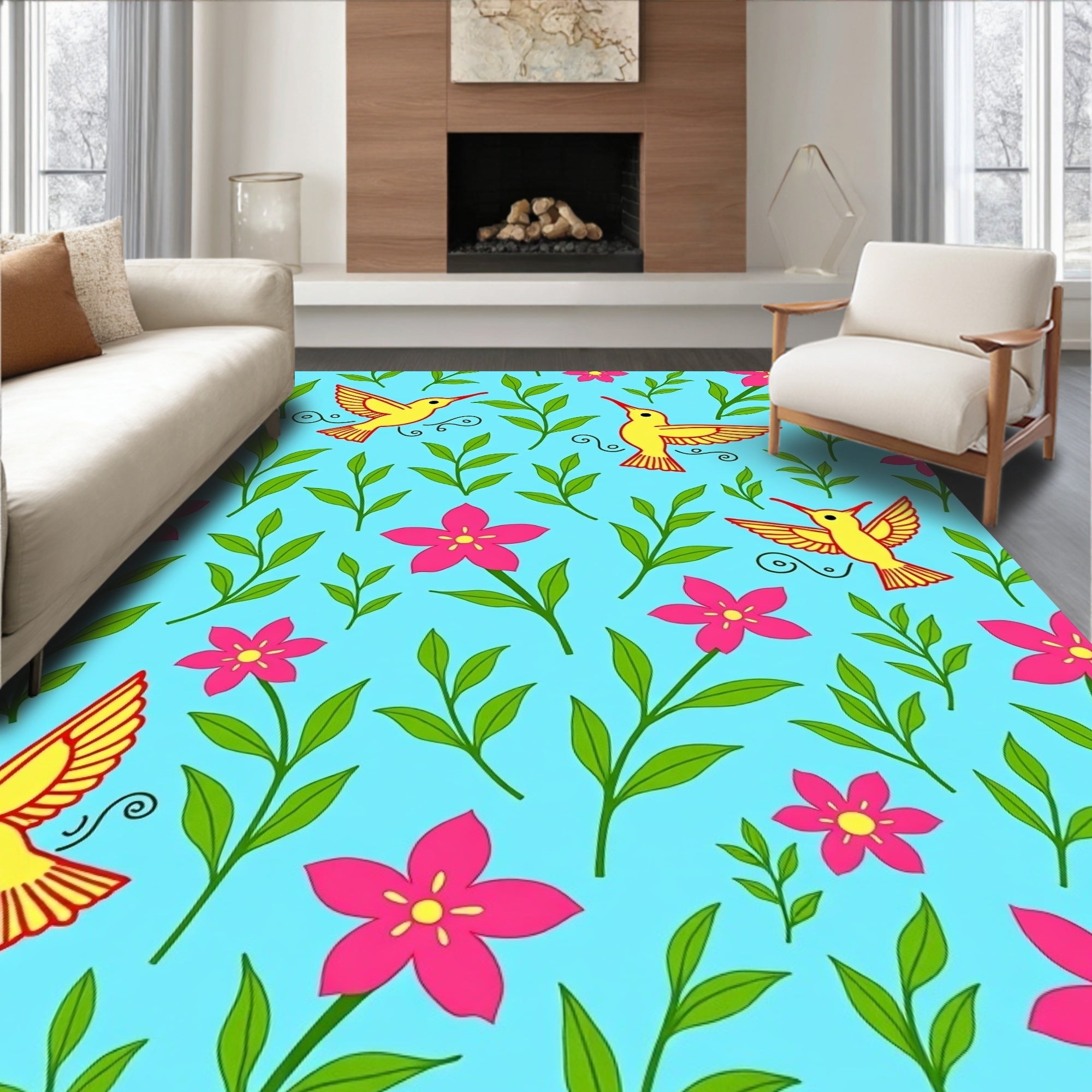Yellow Hummingbird Pink Flower Garden Rug