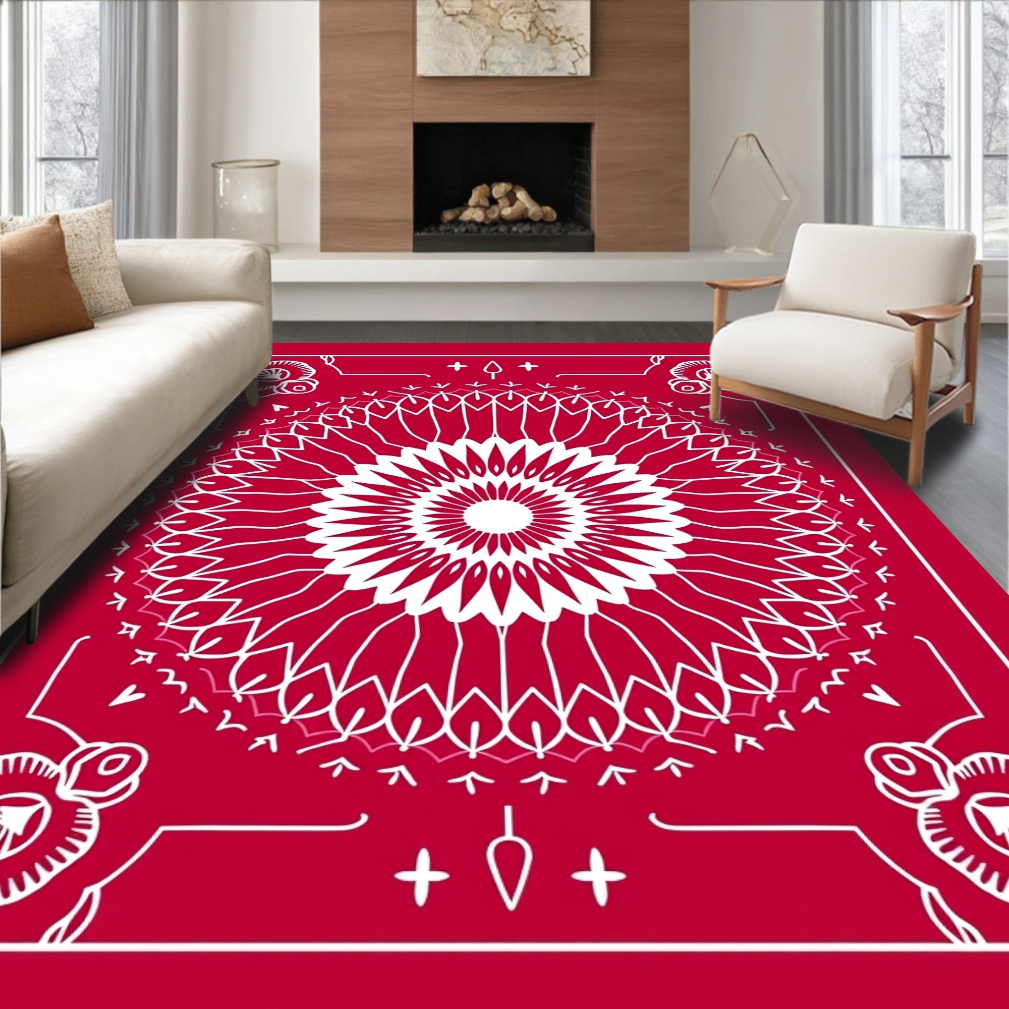 Crimson Medallion Rose Floral Border Rug