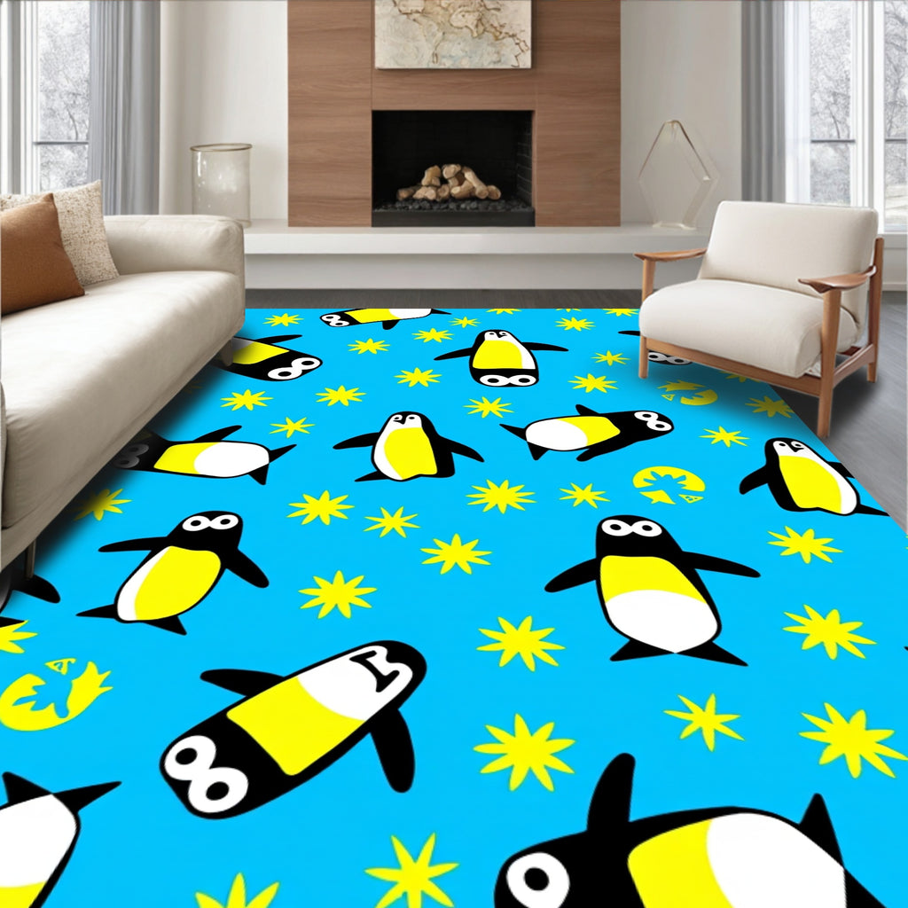 Cute Yellow Penguin Stars Blue Rug