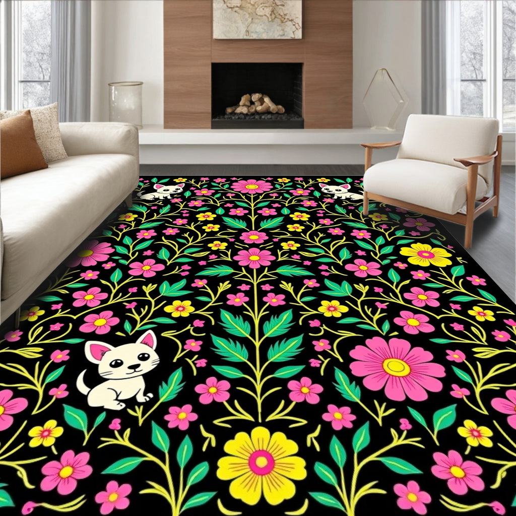 Whimsical Puppy Floral Garden Black Rug