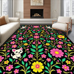 Whimsical Puppy Floral Garden Black Rug