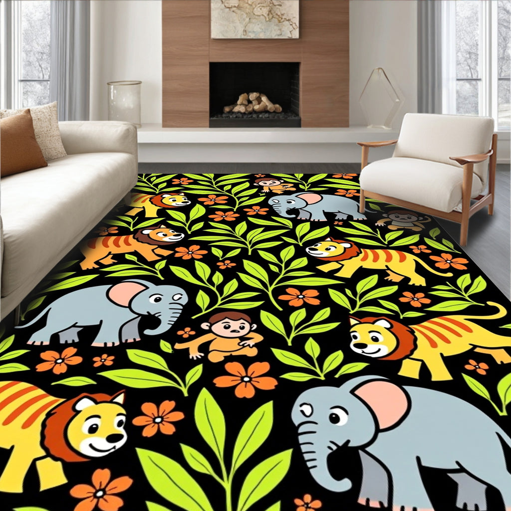 Jungle Animals Green Leaf Orange Flower Rug