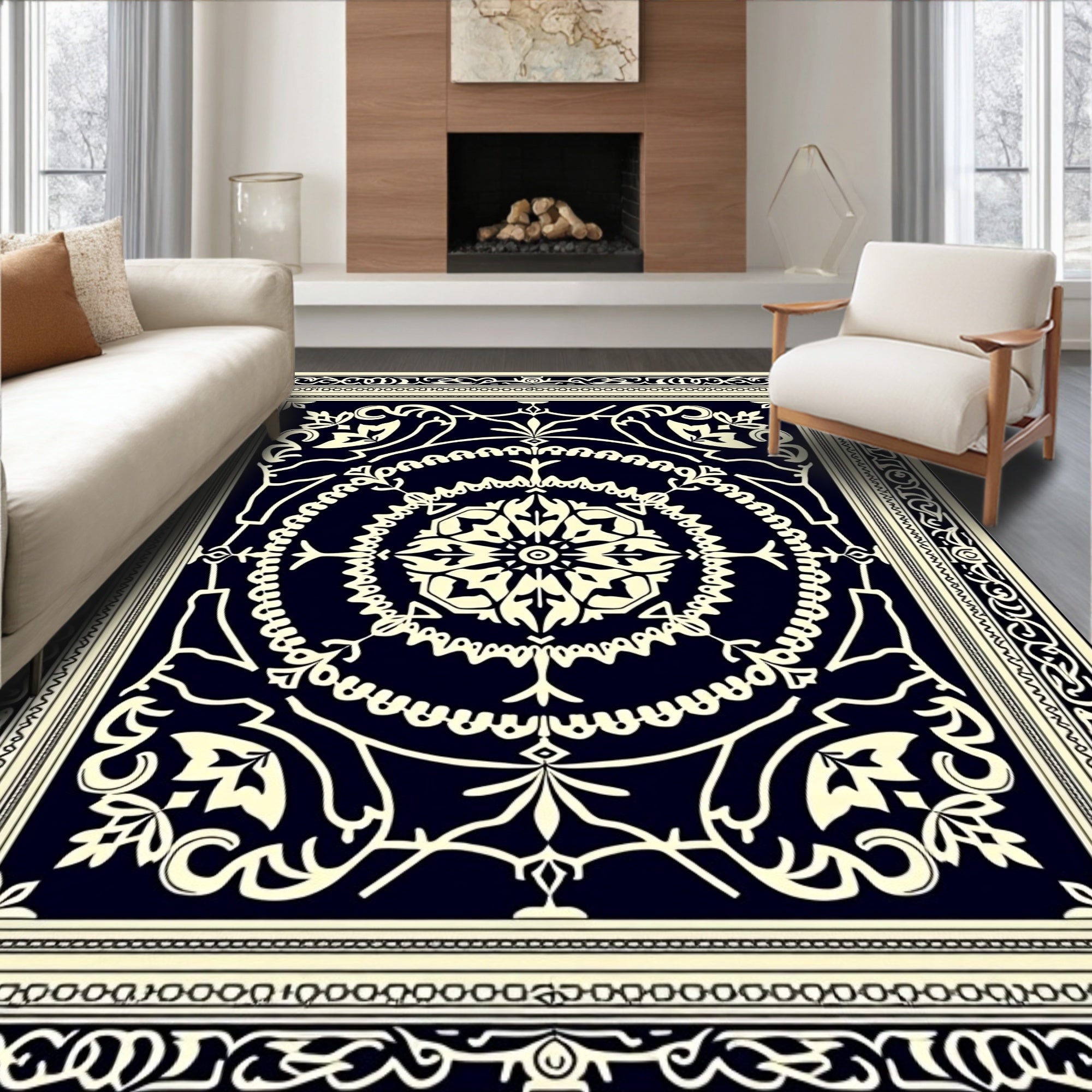Classic Ivory Medallion Black Rug