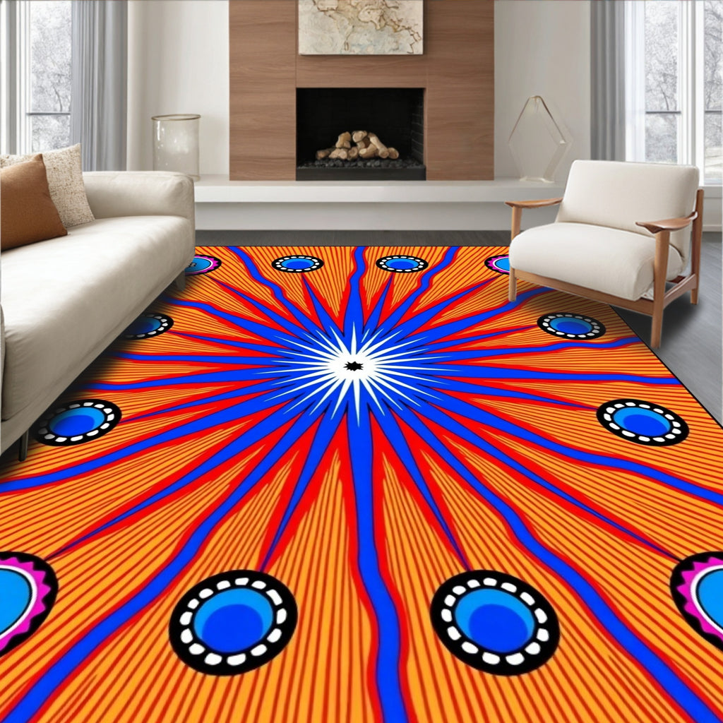 Vibrant Red Blue Sunburst Medallions Rug