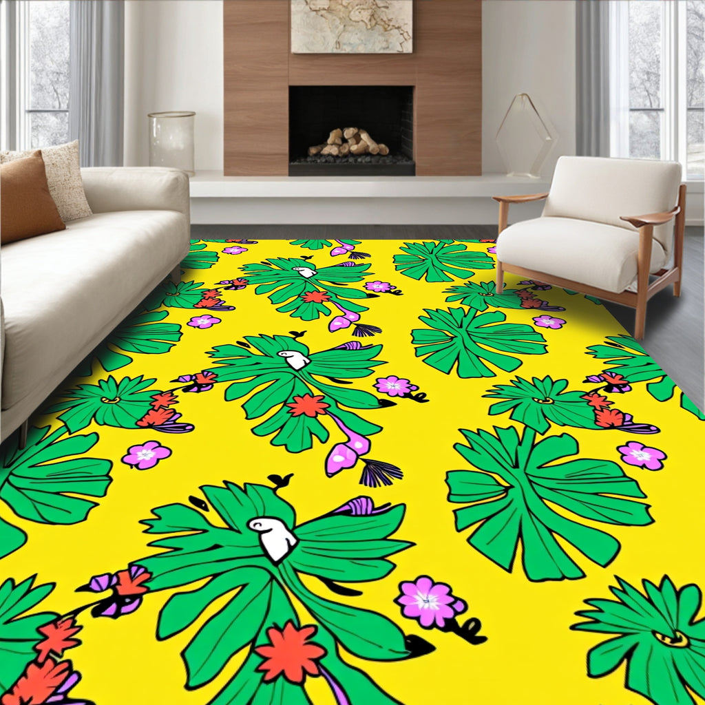 Tropical Parrot Leaf Flower Yellow Rug