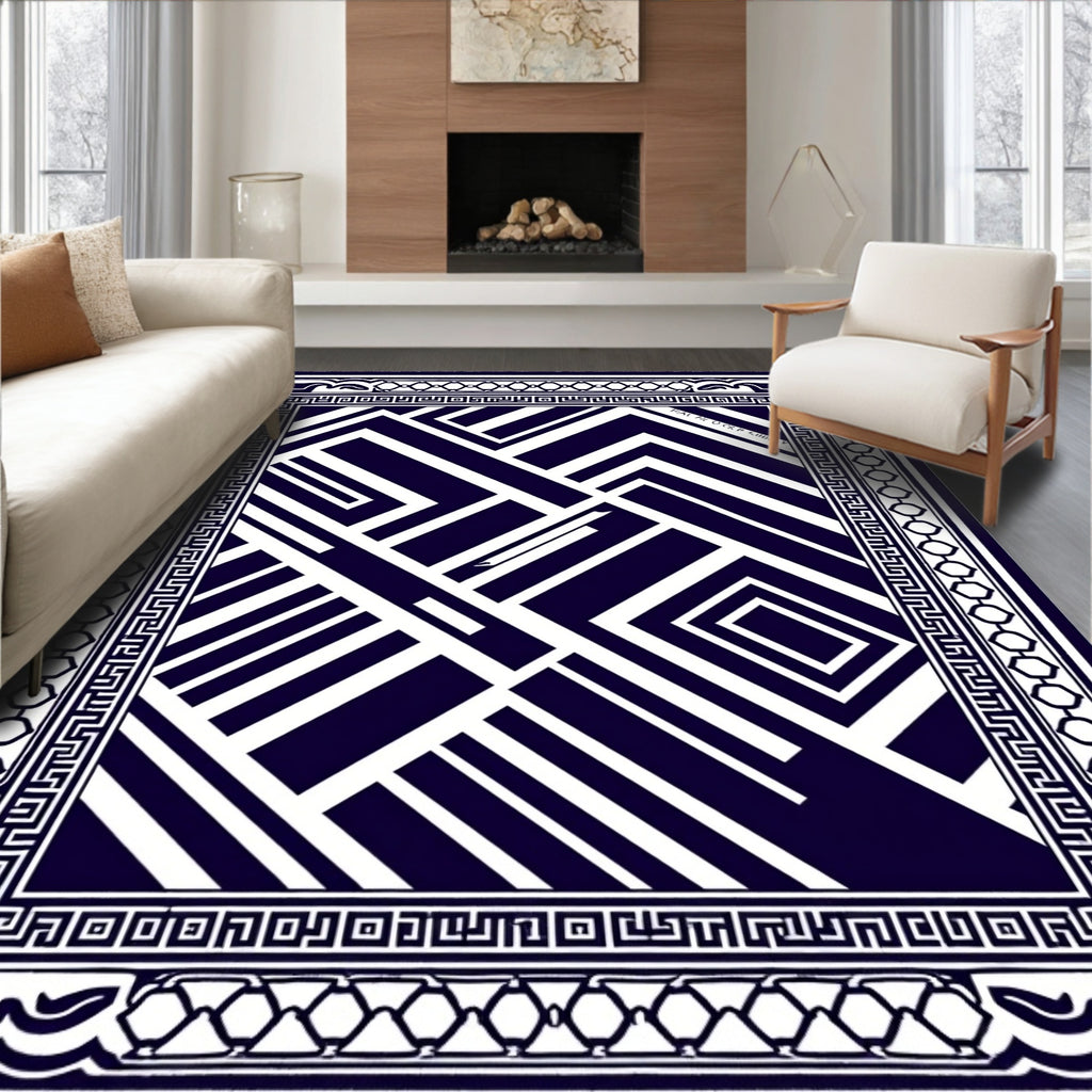 Deep Indigo Geometric Linear Abstraction Rug