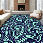 Navy Teal Swirl Abstract Line Art Rug
