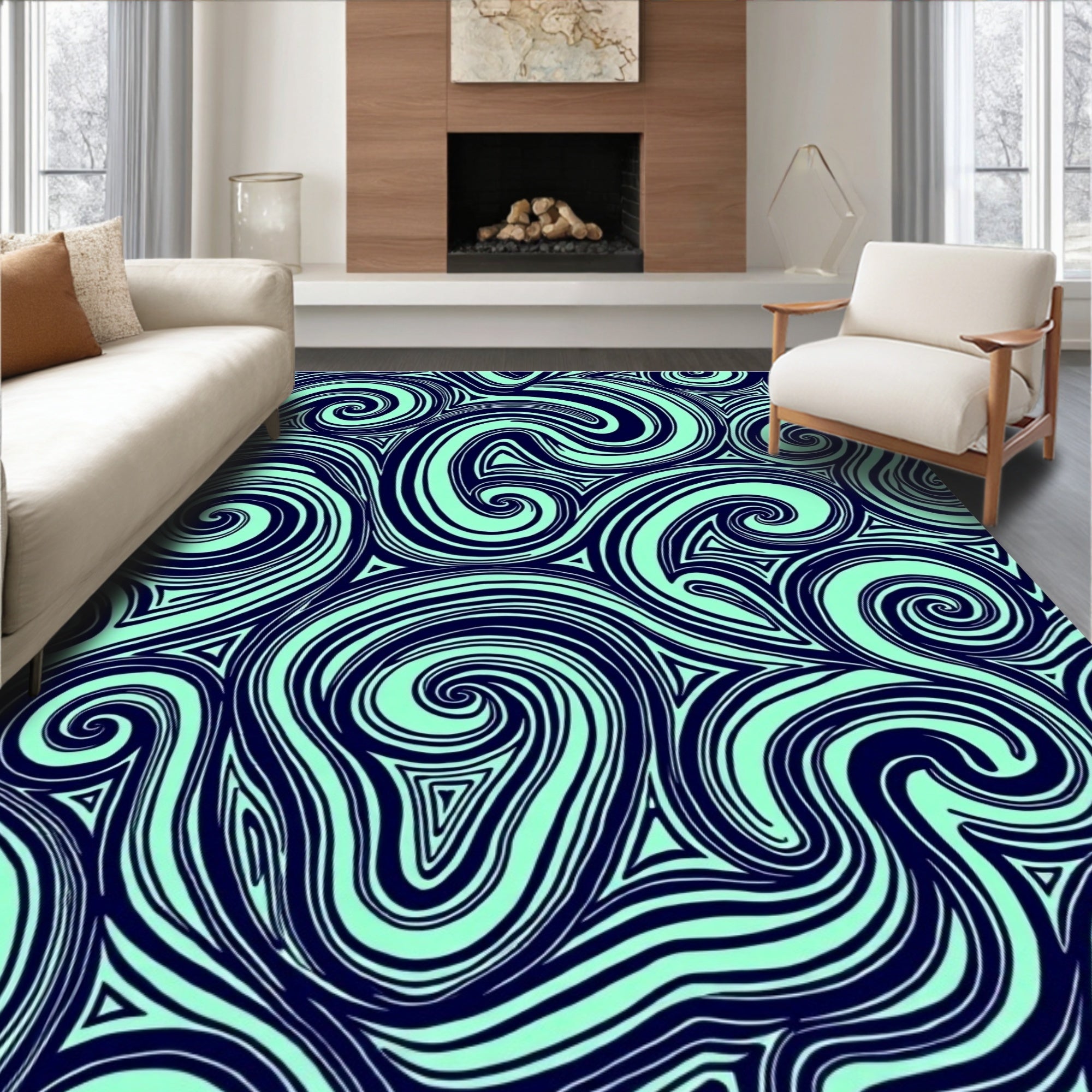 Navy Teal Swirl Abstract Line Art Rug