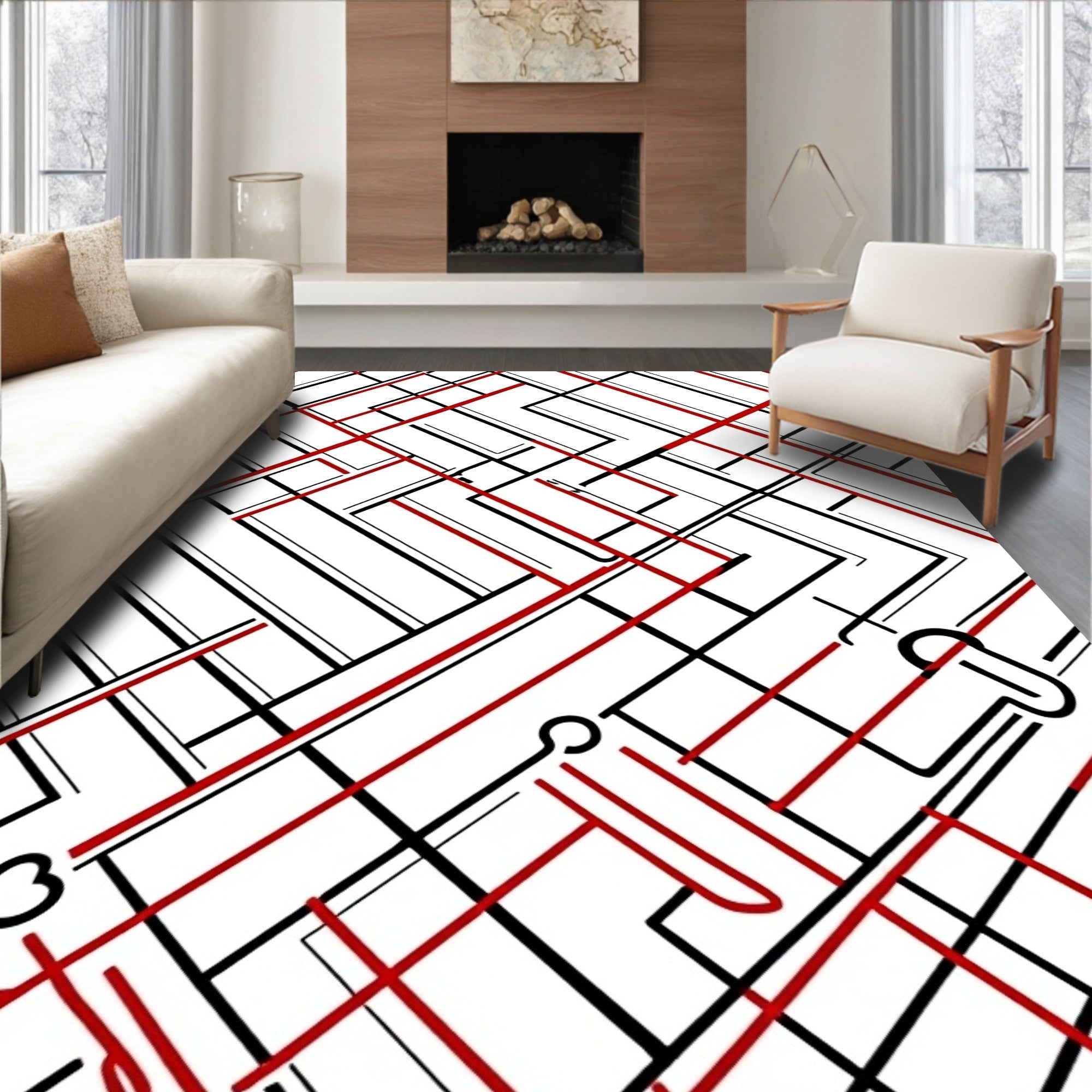 Angular Red and Black Intersecting Lines Rug