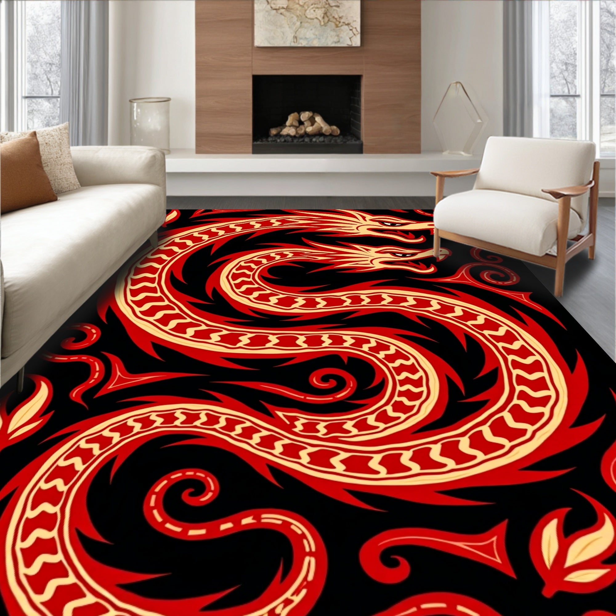 Bold Black Red Dragon Coil Rug
