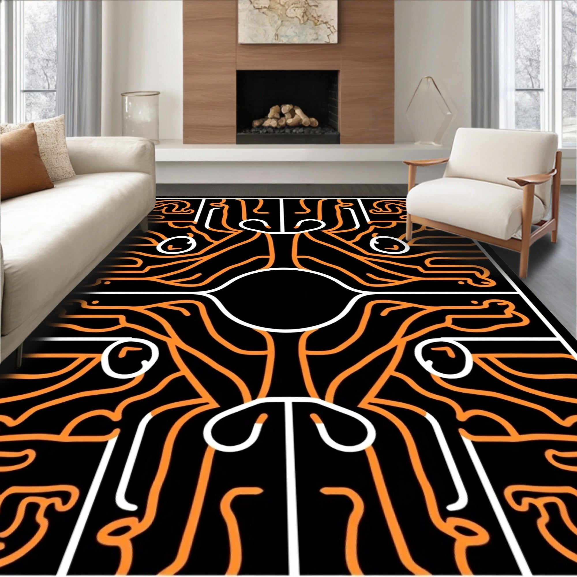 Bold Orange Black Figure Abstract Rug