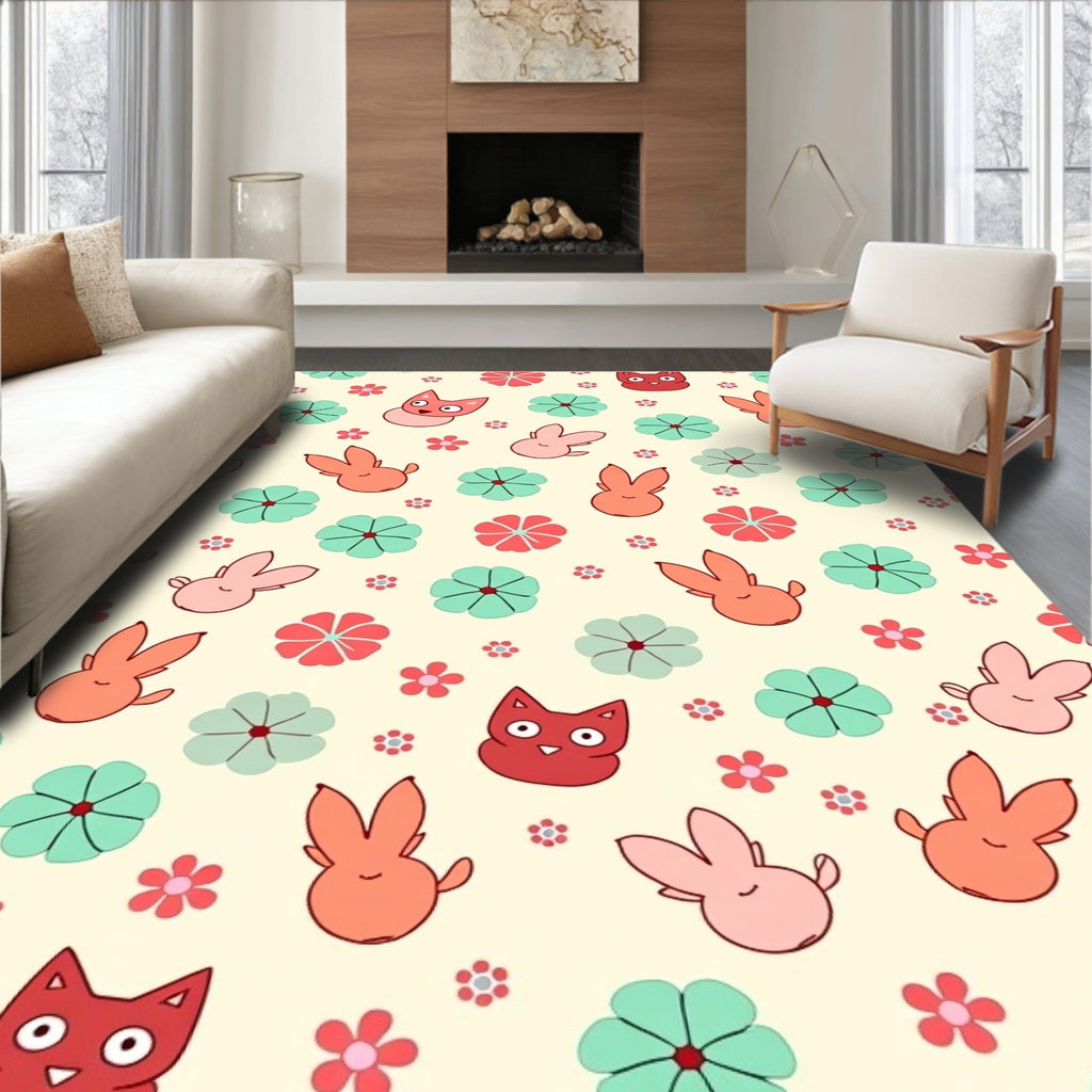 Cute Cat and Bunny Floral Scatter Rug